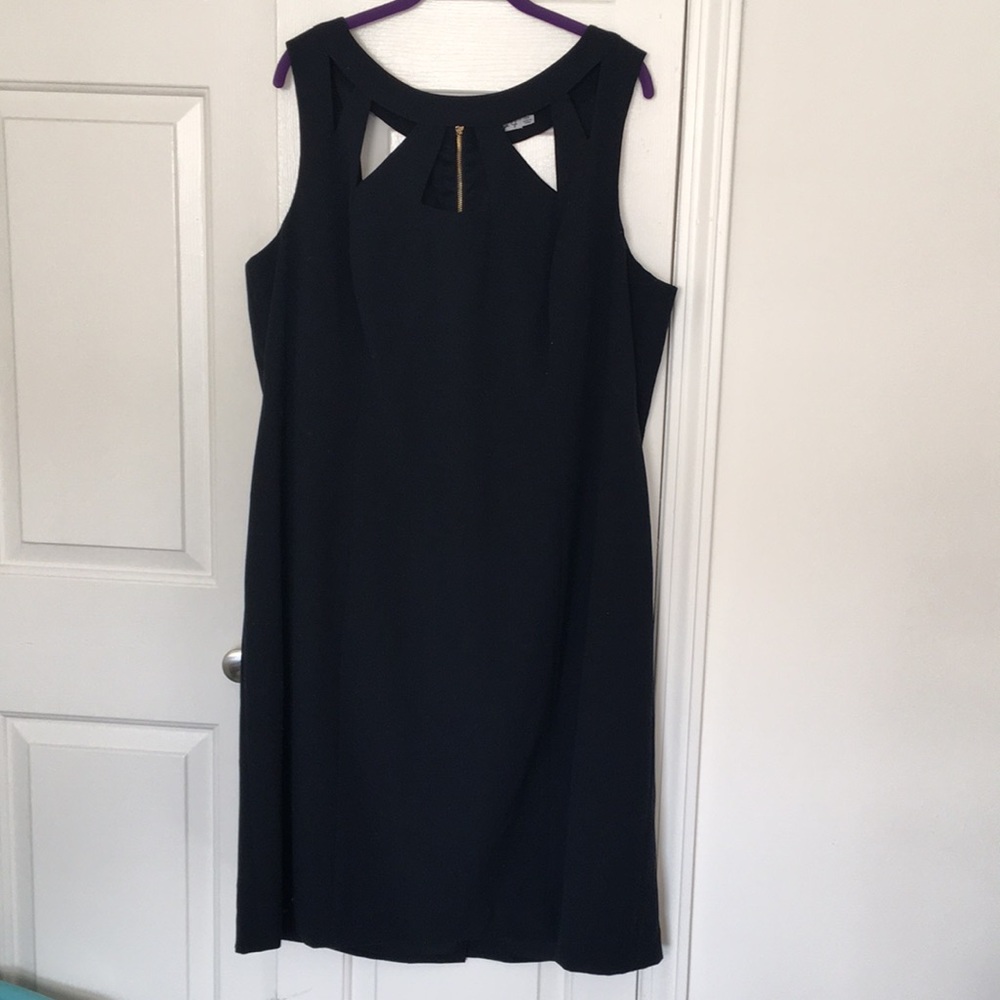 Navy sleeveless sheath dress with cutout neckline